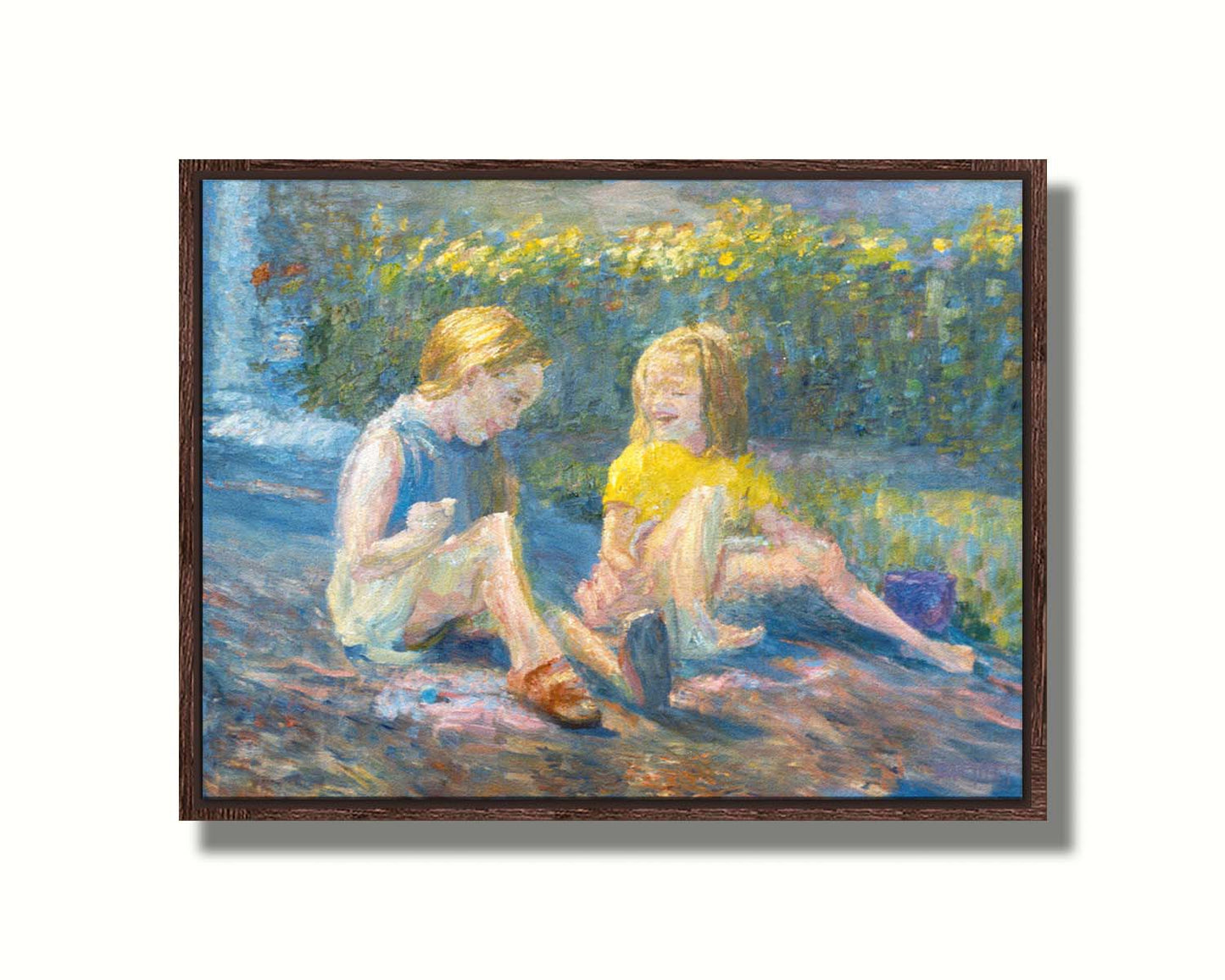 A painting of two children sitting outside in a garden of yellow flowers, laughing. Printed on canvas in a float frame.