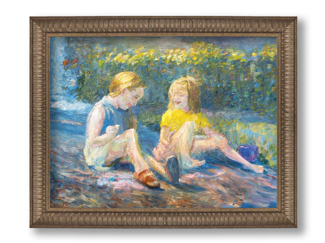 A painting of two children sitting outside in a garden of yellow flowers, laughing. Printed on canvas and framed.