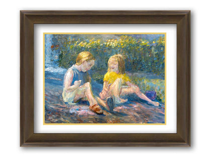 A painting of two children sitting outside in a garden of yellow flowers, laughing. Printed on paper, matted, and framed.