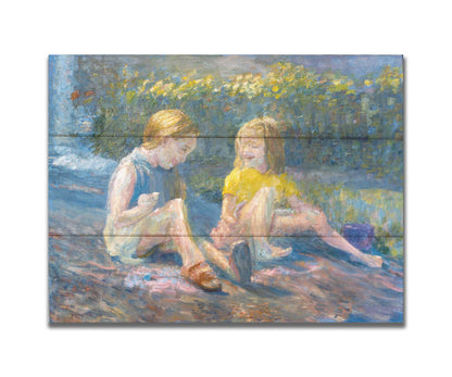 A painting of two children sitting outside in a garden of yellow flowers, laughing. Printed on a box board.