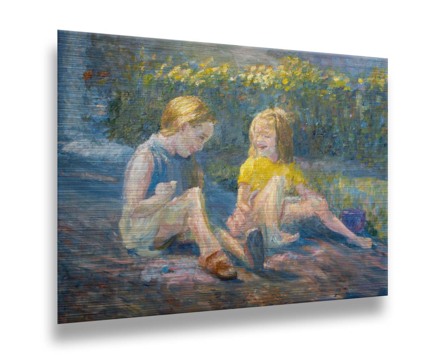 A painting of two children sitting outside in a garden of yellow flowers, laughing. Printed on metal.