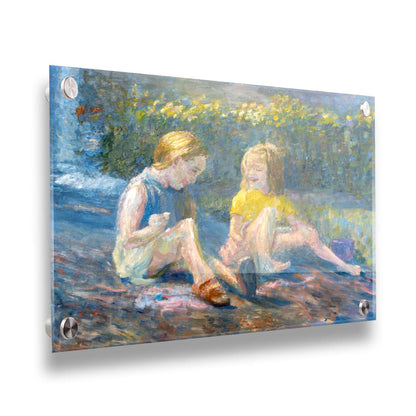 A painting of two children sitting outside in a garden of yellow flowers, laughing. Printed on acrylic.