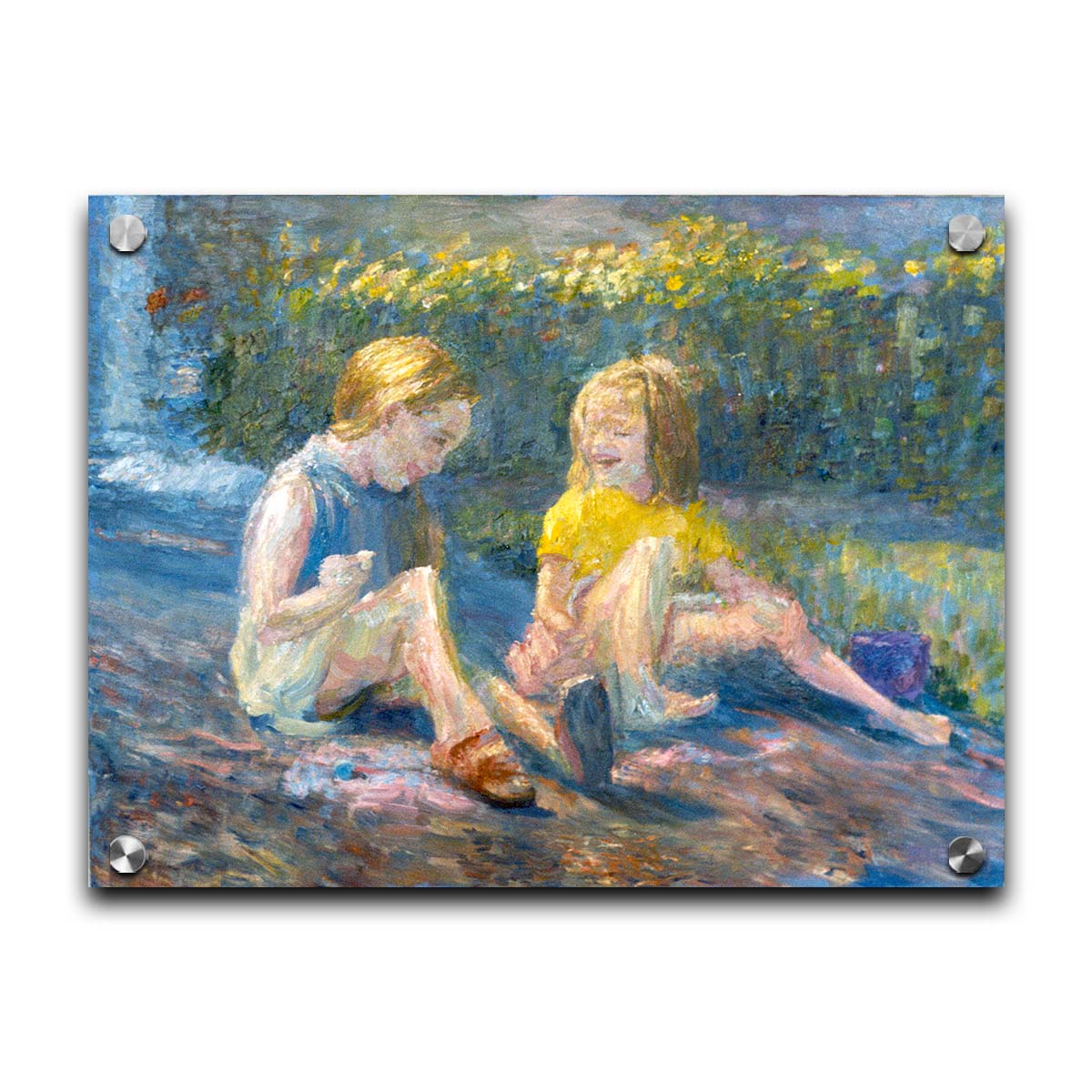 A painting of two children sitting outside in a garden of yellow flowers, laughing. Printed on acrylic.