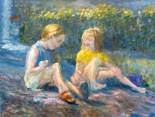 A painting of two children sitting outside in a garden of yellow flowers, laughing.