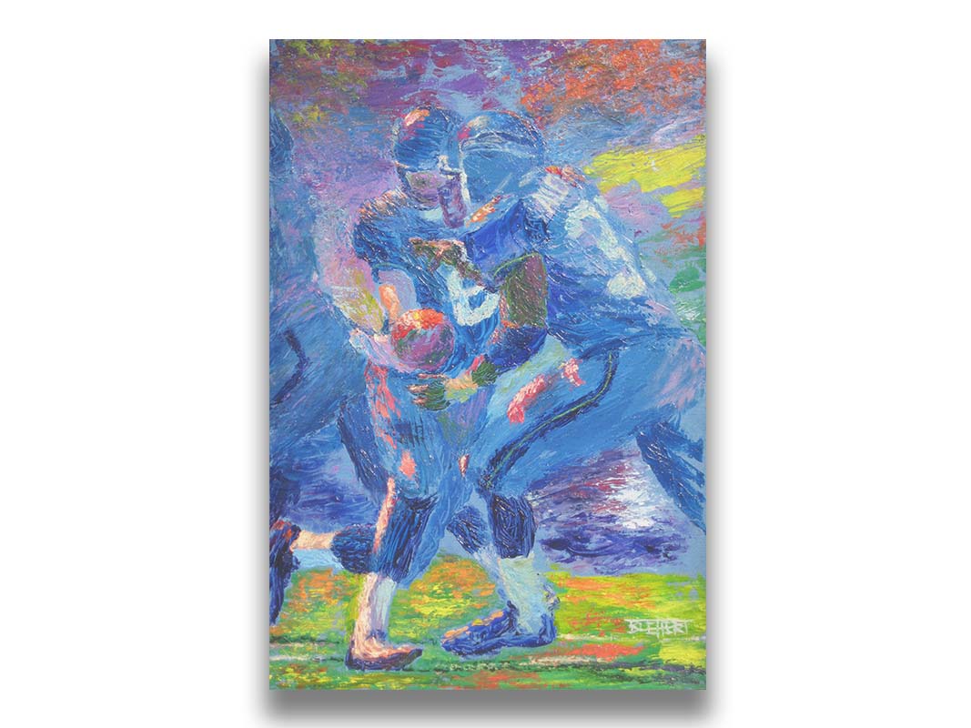 A painting of Seattle Seahawks running back Shaun Alexander receiving a handoff from his teammate. Printed on canvas.