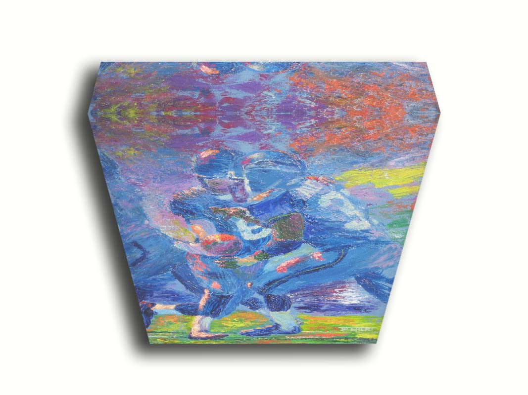 A painting of Seattle Seahawks running back Shaun Alexander receiving a handoff from his teammate. Printed on canvas.