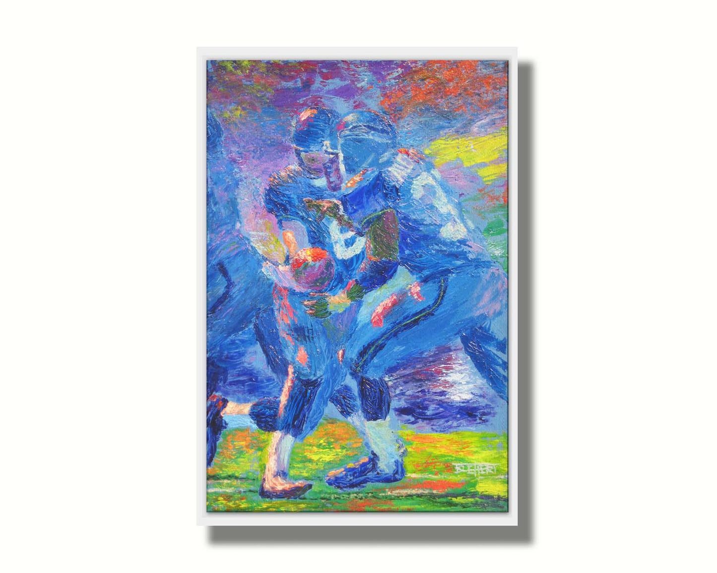 A painting of Seattle Seahawks running back Shaun Alexander recieving a handoff from his teammate. Printed on canvas in a float frame.