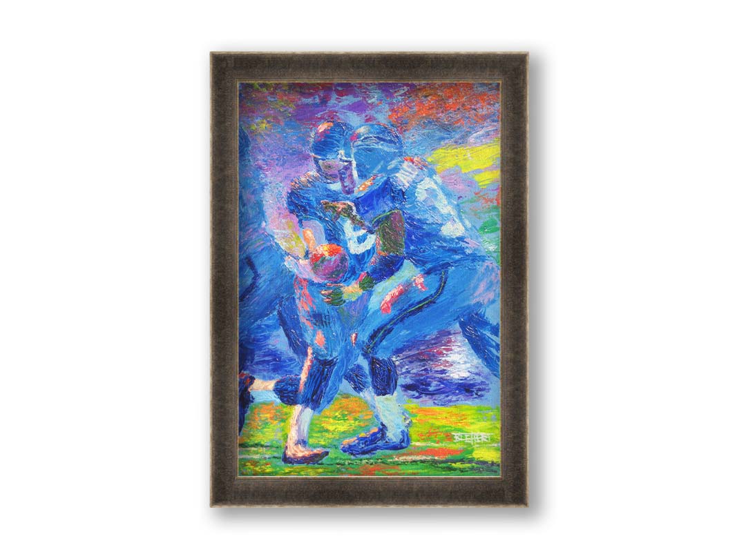 A painting of Seattle Seahawks running back Shaun Alexander recieving a handoff from his teammate. Printed on canvas and framed.