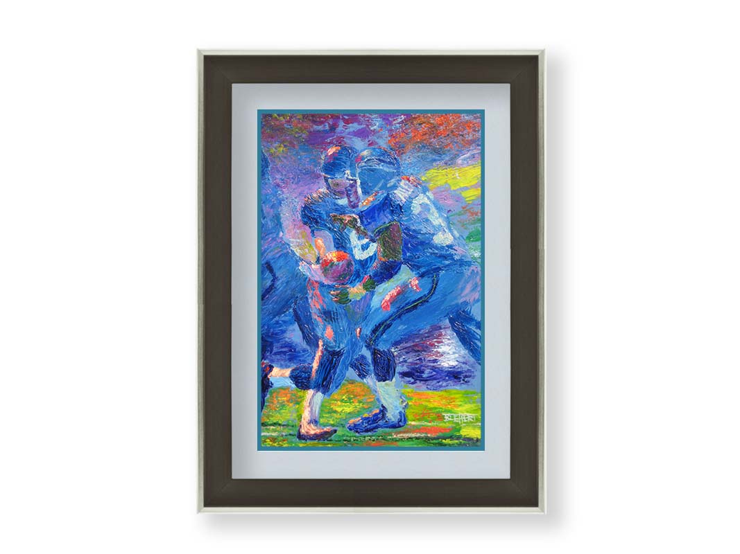 A painting of Seattle Seahawks running back Shaun Alexander recieving a handoff from his teammate. Printed on paper, matted, and framed.