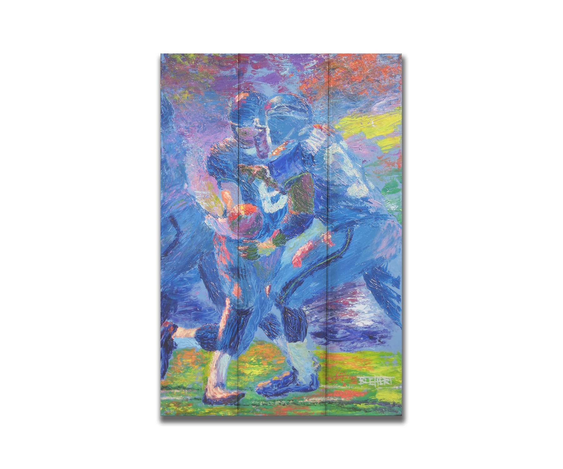 A painting of Seattle Seahawks running back Shaun Alexander recieving a handoff from his teammate. Printed on a box board.