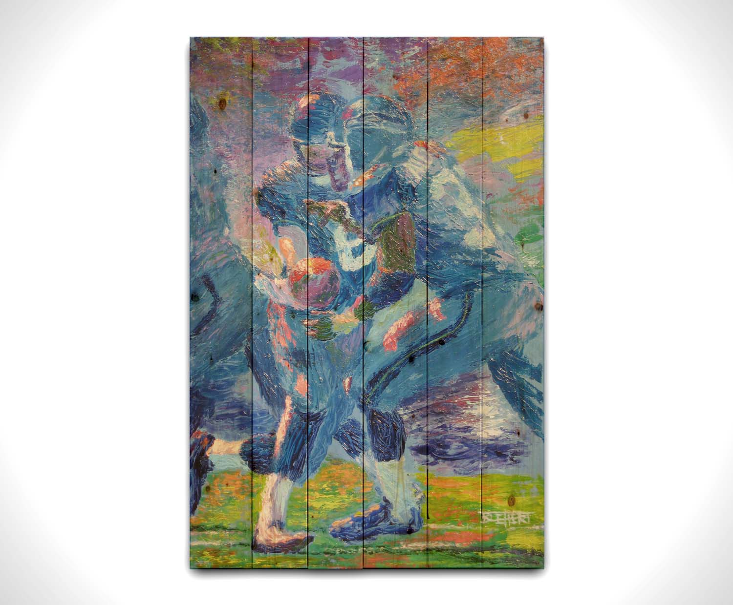 A painting of Seattle Seahawks running back Shaun Alexander recieving a handoff from his teammate. Printed on a wood pallet.