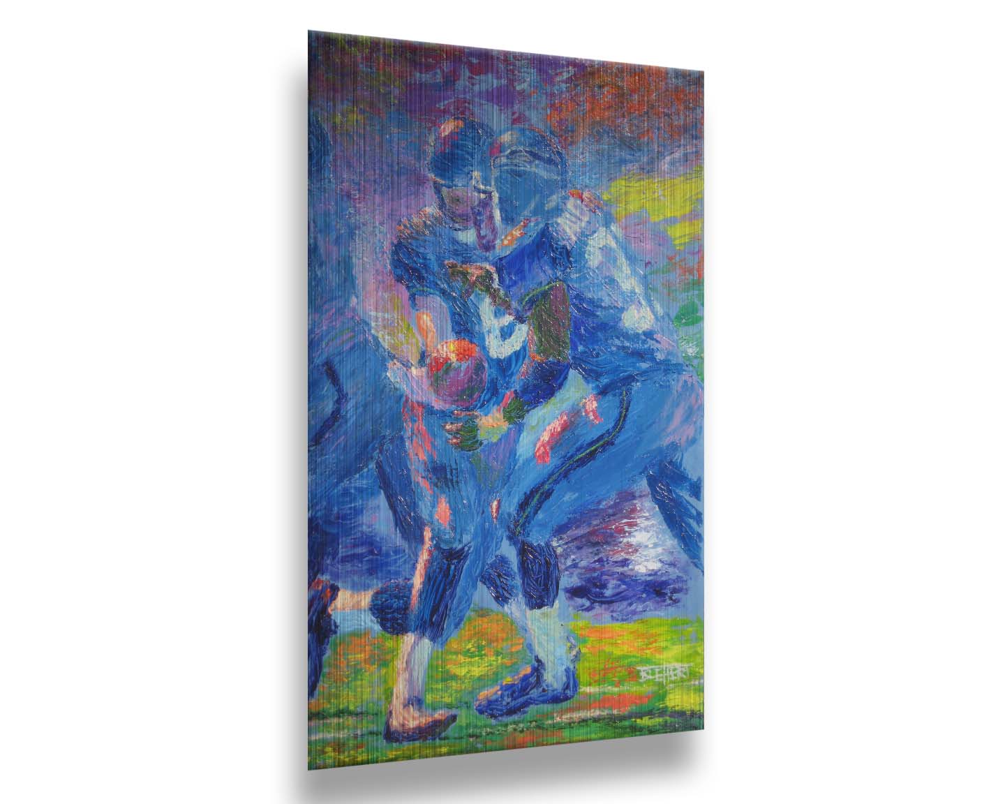 A painting of Seattle Seahawks running back Shaun Alexander recieving a handoff from his teammate. Printed on metal.