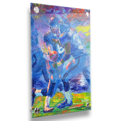 A painting of Seattle Seahawks running back Shaun Alexander recieving a handoff from his teammate. Printed on acrylic.