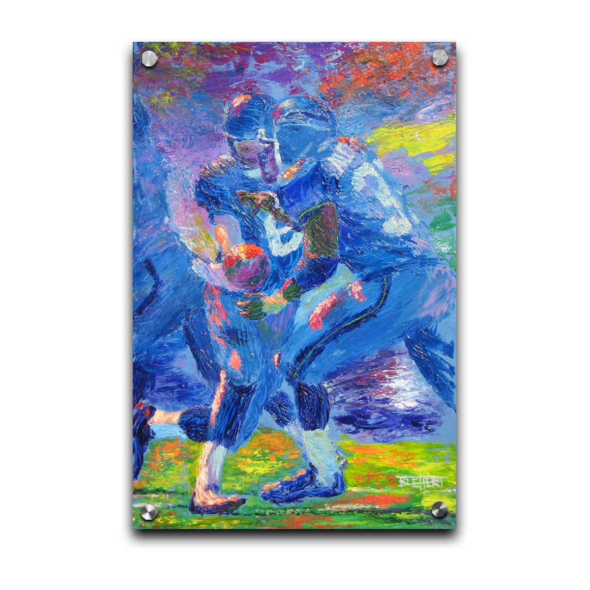 A painting of Seattle Seahawks running back Shaun Alexander recieving a handoff from his teammate. Printed on acrylic.