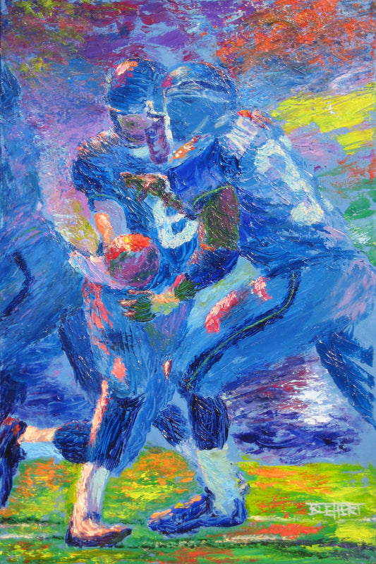 A painting of Seattle Seahawks running back Shaun Alexander receiving a handoff from his teammate.