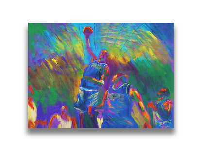 A painting of the MInnesota Timberwolves basketball team in the middle of a game. One of the players in the center is jumping up into the air with the ball, as the others look up at him. Printed on canvas.