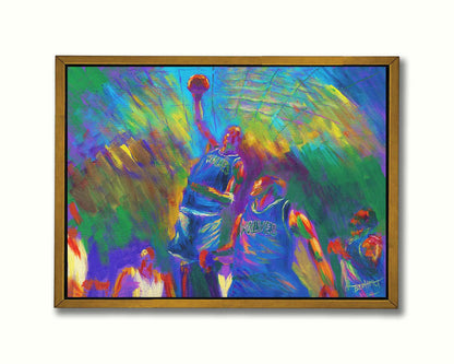 A painting of the MInnesota Timberwolves basketball team in the middle of a game. One of the players in the center is jumping up into the air with the ball, as the others look up at him. Printed on canvas in a float frame.