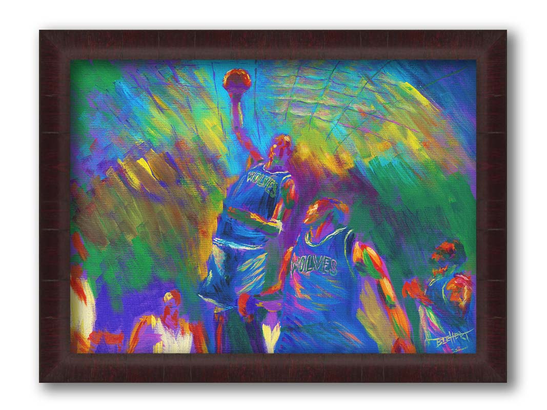 A painting of the MInnesota Timberwolves basketball team in the middle of a game. One of the players in the center is jumping up into the air with the ball, as the others look up at him. Printed on canvas and framed.