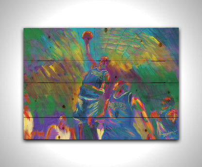 A painting of the MInnesota Timberwolves basketball team in the middle of a game. One of the players in the center is jumping up into the air with the ball, as the others look up at him. Printed on a wood pallet.