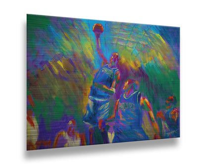 A painting of the MInnesota Timberwolves basketball team in the middle of a game. One of the players in the center is jumping up into the air with the ball, as the others look up at him. Printed on metal.