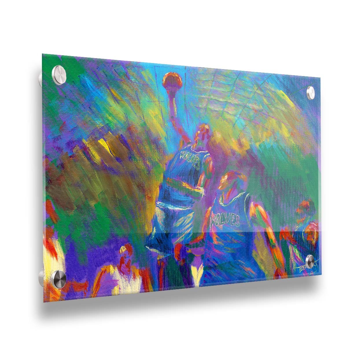 A painting of the MInnesota Timberwolves basketball team in the middle of a game. One of the players in the center is jumping up into the air with the ball, as the others look up at him. Printed on acrylic.