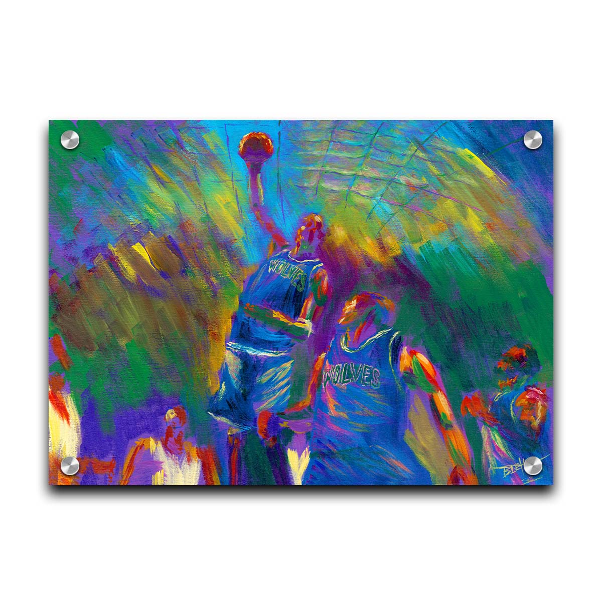 A painting of the MInnesota Timberwolves basketball team in the middle of a game. One of the players in the center is jumping up into the air with the ball, as the others look up at him. Printed on acrylic.