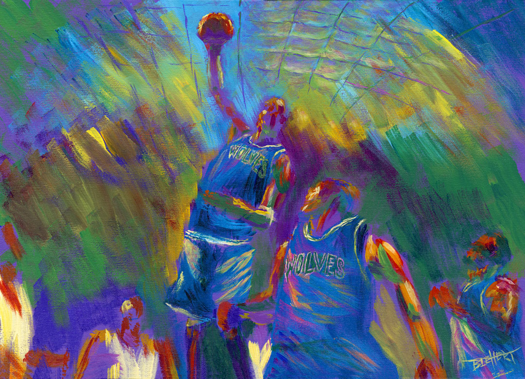 A painting of the MInnesota Timberwolves basketball team in the middle of a game. One of the players in the center is jumping up into the air with the ball, as the others look up at him.