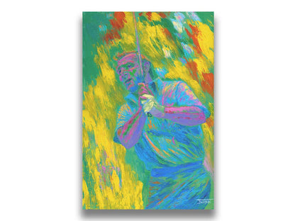 A painting of golf legend Arnold "The King" Palmer holding a gof club. Painted in arbitrary color with visible palette knife and brush strokes that emphasize movement. Printed on canvas.