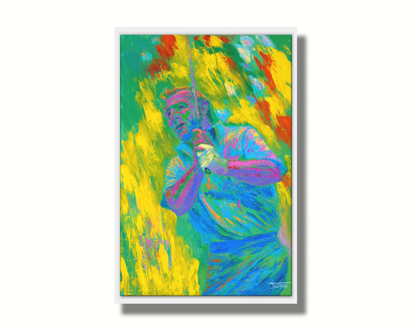 A painting of golf legend Arnold "The King" Palmer holding a gof club. Painted in arbitrary color with visible palette knife and brush strokes that emphasize movement. Printed on canvas in a float frame.