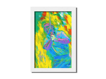 A painting of golf legend Arnold "The King" Palmer holding a gof club. Painted in arbitrary color with visible palette knife and brush strokes that emphasize movement. Printed on canvas and framed.