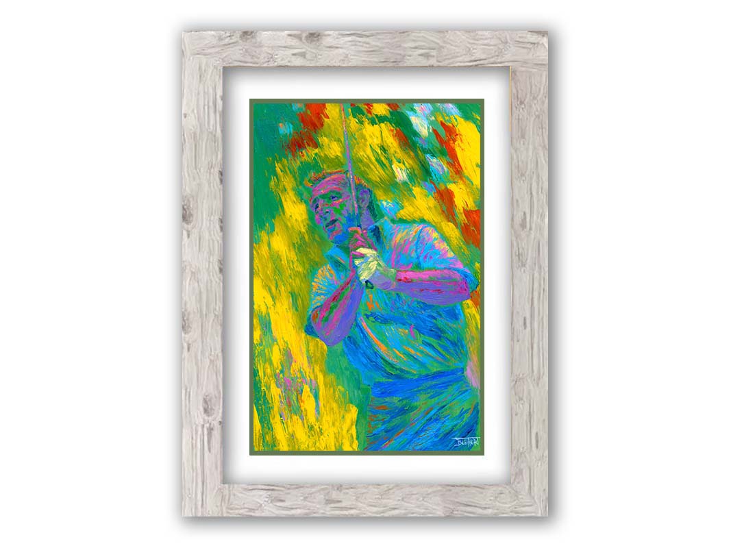 A painting of golf legend Arnold "The King" Palmer holding a gof club. Painted in arbitrary color with visible palette knife and brush strokes that emphasize movement. Printed on paper, matted, and framed.