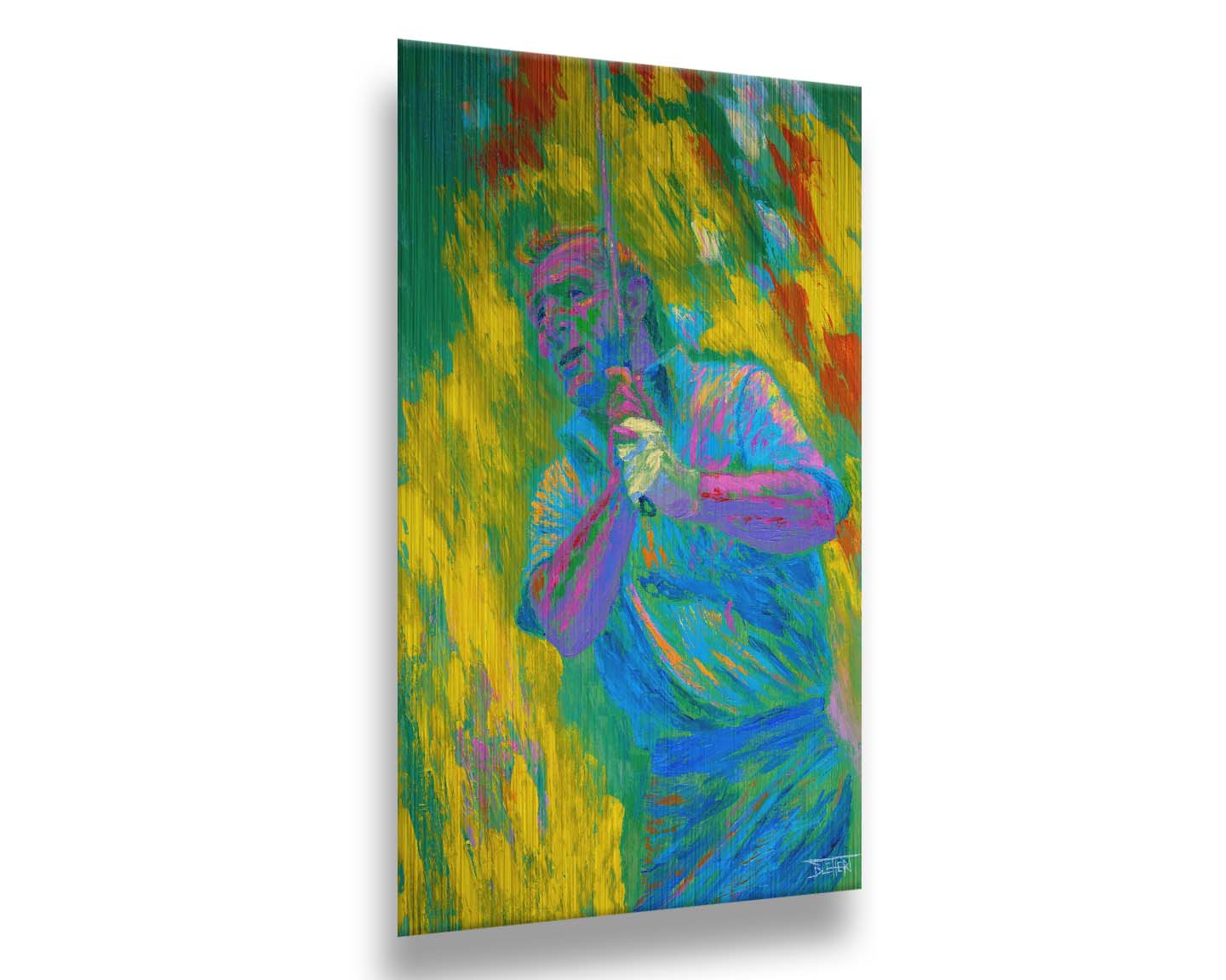 A painting of golf legend Arnold "The King" Palmer holding a gof club. Painted in arbitrary color with visible palette knife and brush strokes that emphasize movement. Printed on metal.