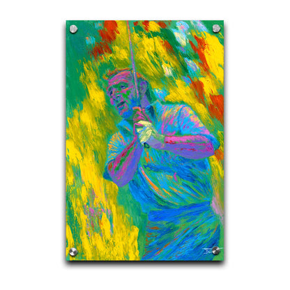 A painting of golf legend Arnold "The King" Palmer holding a golf club. Painted in arbitrary color with visible palette knife and brush strokes that emphasize movement. Printed on acrylic.