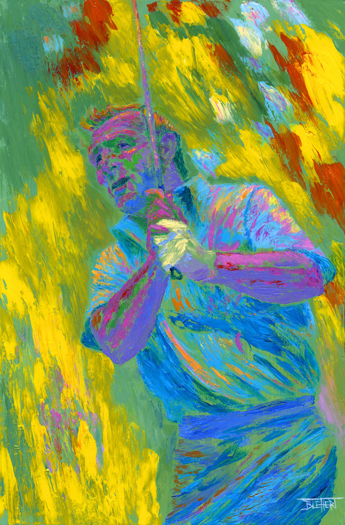 A painting of golf legend Arnold "The King" Palmer holding a golf club. Painted in arbitrary color with visible palette knife and brush strokes that emphasize movement. 