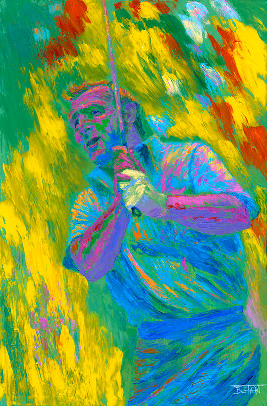 A painting of golf legend Arnold "The King" Palmer holding a golf club. Painted in arbitrary color with visible palette knife and brush strokes that emphasize movement. 