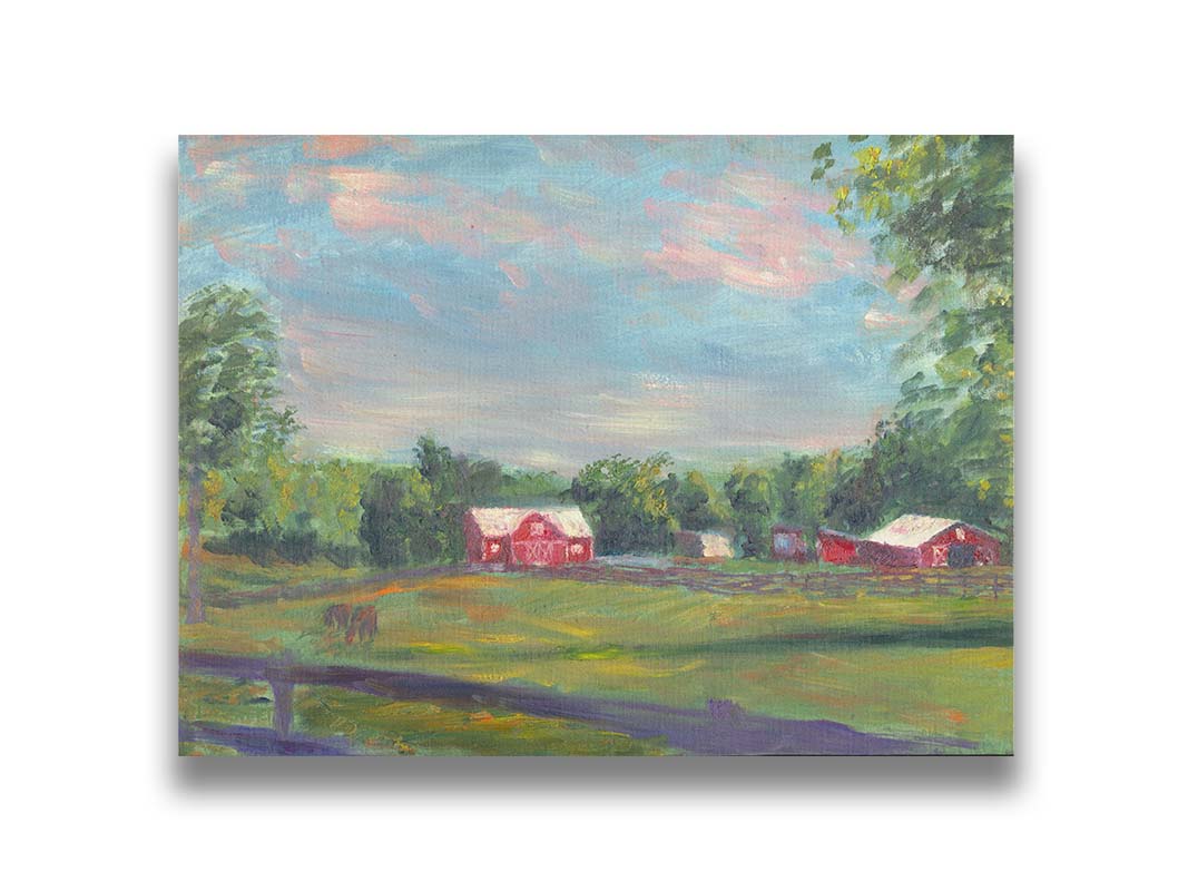 A painting of a fenced field, where horses are grazing, Red barns stand on the other side of the pasture, contrasting against the green trees behind themâ€“ all under a wide, open sky. Printed on canvas.