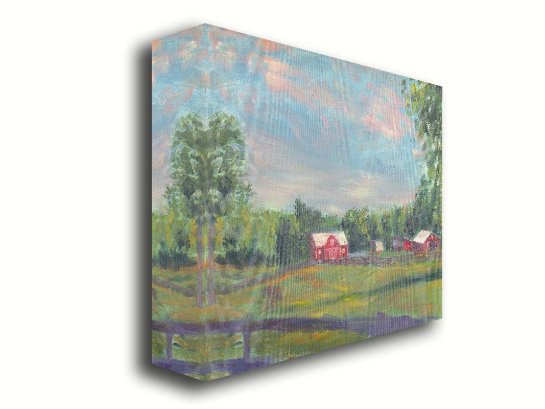 A painting of a fenced field, where horses are grazing, Red barns stand on the other side of the pasture, contrasting against the green trees behind themâ€“ all under a wide, open sky. Printed on canvas.