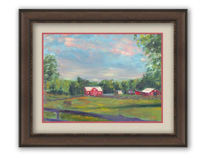 A painting of a fenced field, where horses are grazing, Red barns stand on the other side of the pasture, contrasting against the green trees behind themâ€“ all under a wide, open sky. Printed on paper, matted, and framed.