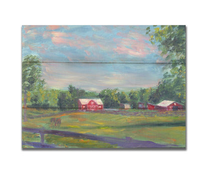 A painting of a fenced field, where horses are grazing, Red barns stand on the other side of the pasture, contrasting against the green trees behind themâ€“ all under a wide, open sky. Printed on a box board.