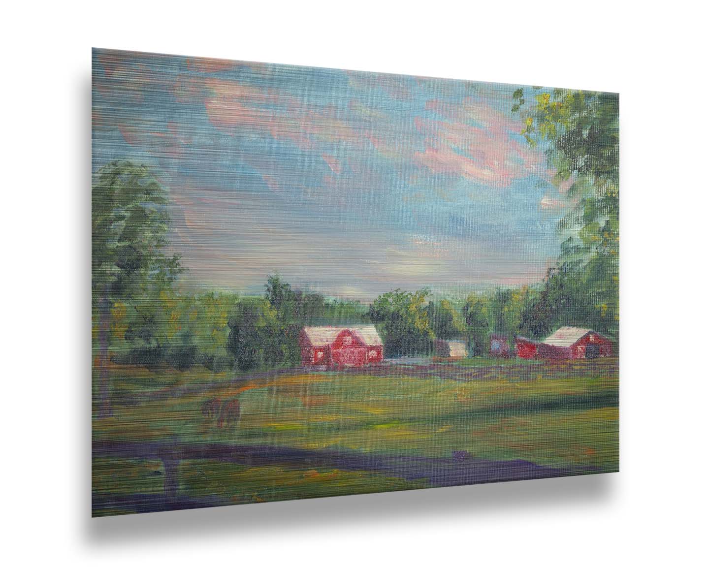 A painting of a fenced field, where horses are grazing, Red barns stand on the other side of the pasture, contrasting against the green trees behind themâ€“ all under a wide, open sky. Printed on metal.