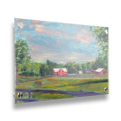 A painting of a fenced field, where horses are grazing, Red barns stand on the other side of the pasture, contrasting against the green trees behind themâ€“ all under a wide, open sky. Printed on acrylic.