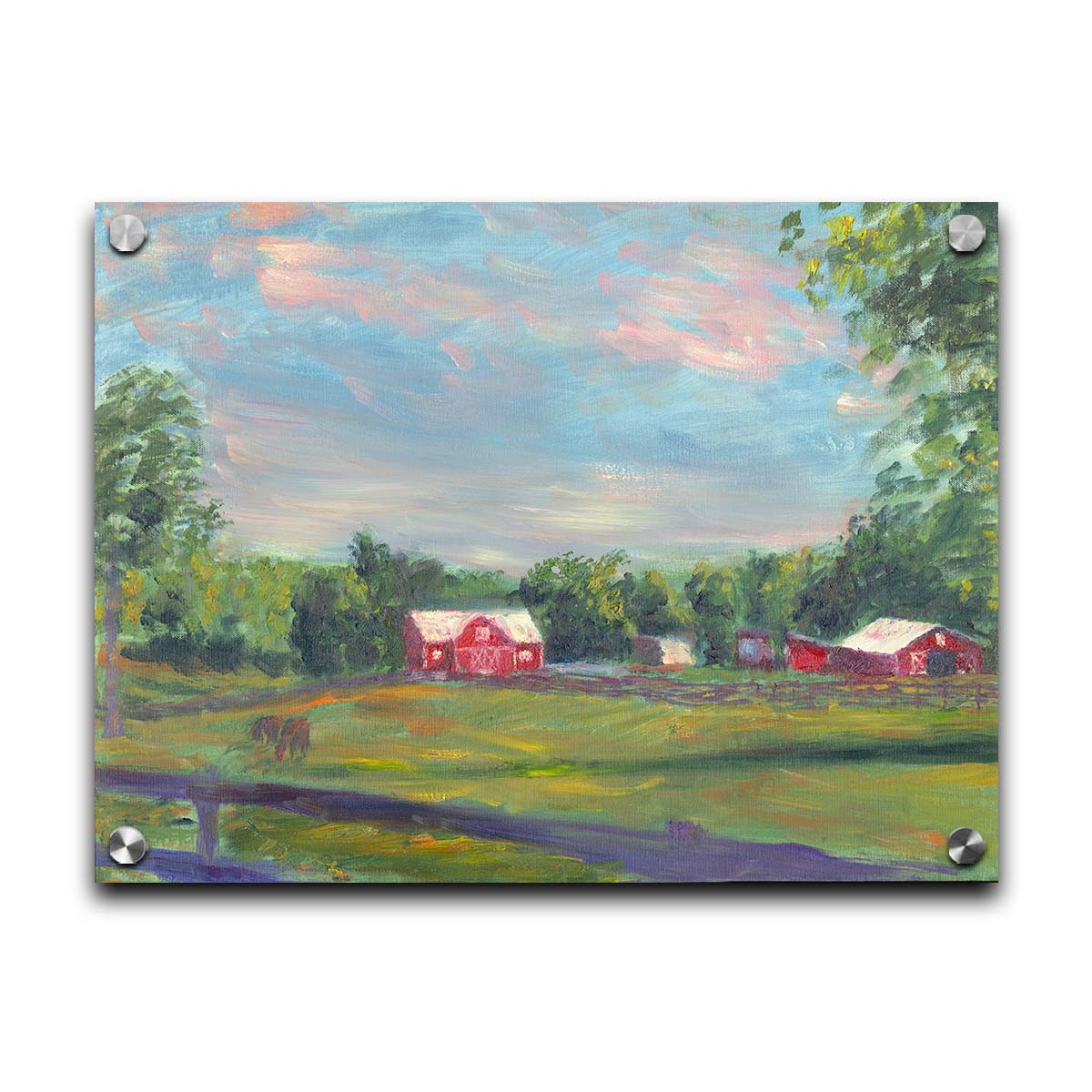 A painting of a fenced field, where horses are grazing, Red barns stand on the other side of the pasture, contrasting against the green trees behind themâ€“ all under a wide, open sky. Printed on acrylic.