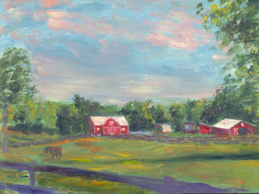 A painting of a fenced field, where horses are grazing. Red barns stand on the other side of the pasture, contrasting against the green trees under a wide, open sky.
