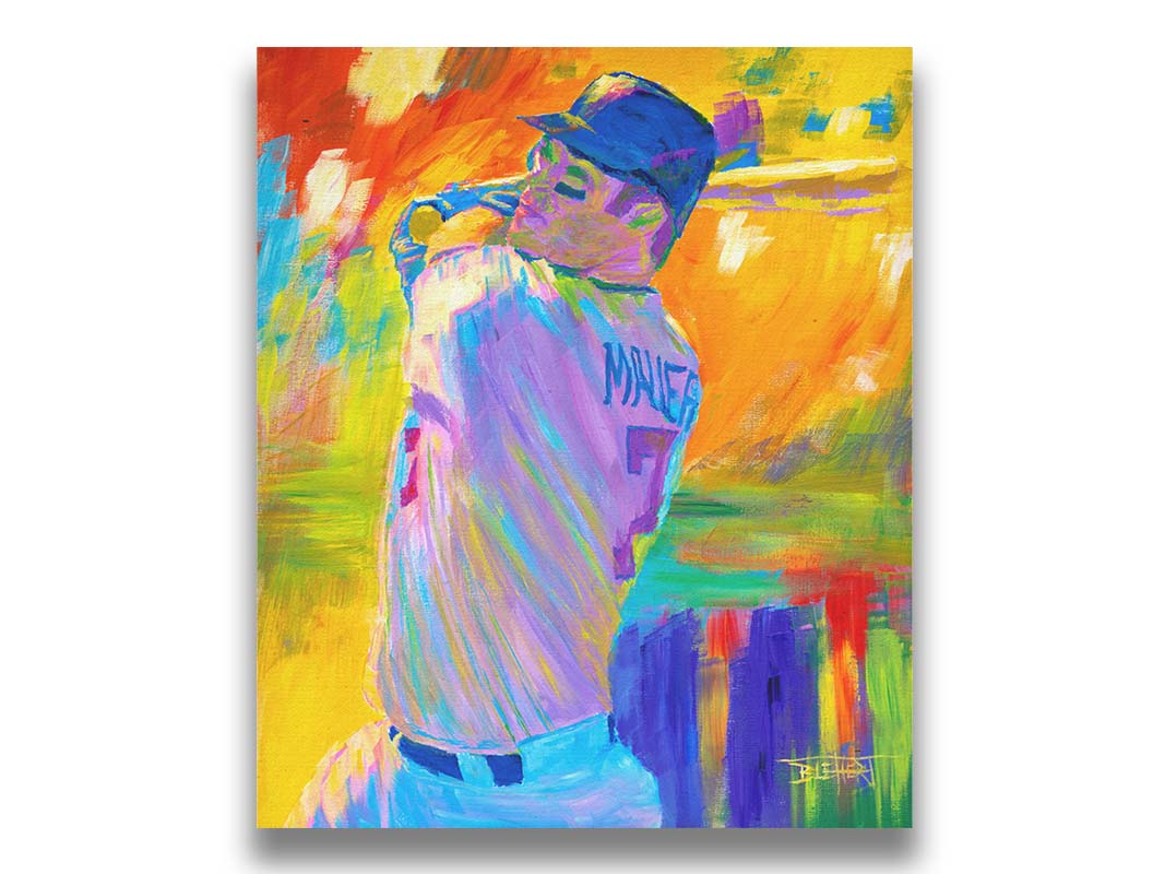 A painting of Minnesota Twins baseball player Joe Mauer up to bat, set against a colorful abstract background. Printed on canvas.