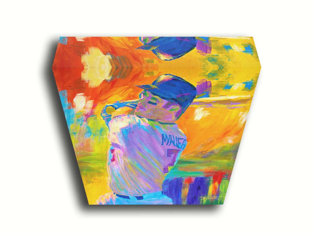 A painting of Minnesota Twins baseball player Joe Mauer up to bat, set against a colorful abstract background. Printed on canvas.