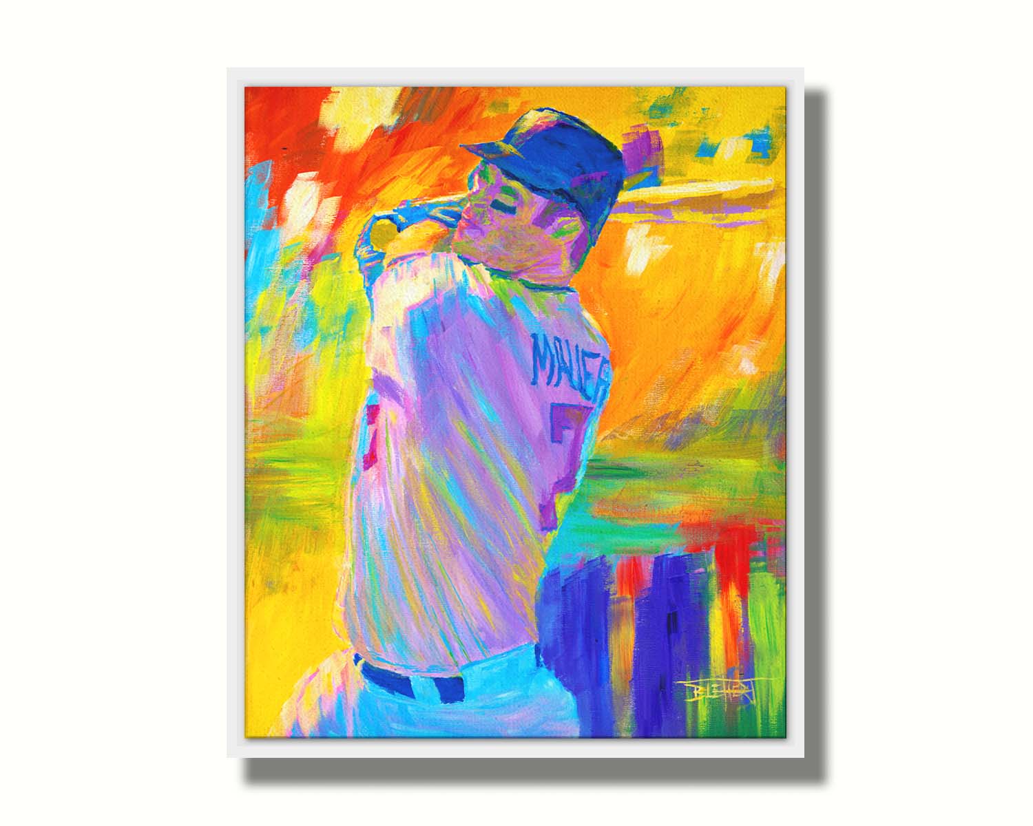 A painting of Minnesota Twins baseball player Joe Mauer up to bat, set against a colorful abstract background. Printed on canvas in a float frame.