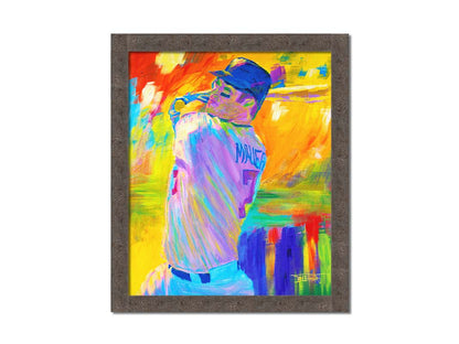 A painting of Minnesota Twins baseball player Joe Mauer up to bat, set against a colorful abstract background. Printed on canvas and framed.