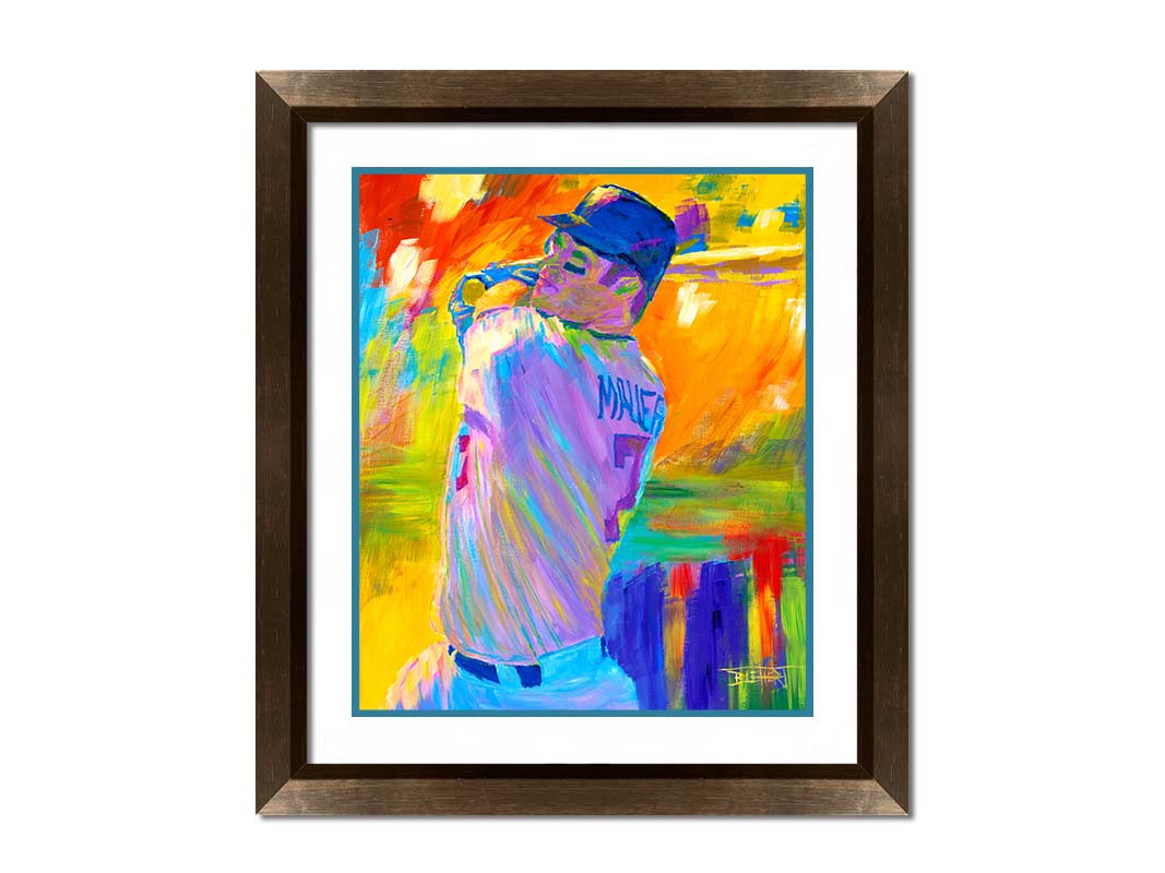 A painting of Minnesota Twins baseball player Joe Mauer up to bat, set against a colorful abstract background. Printed on paper, matted, and framed.