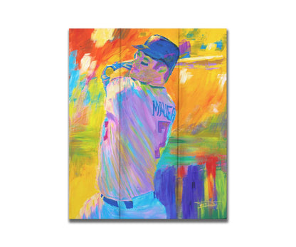 A painting of Minnesota Twins baseball player Joe Mauer up to bat, set against a colorful abstract background. Printed on a box board.