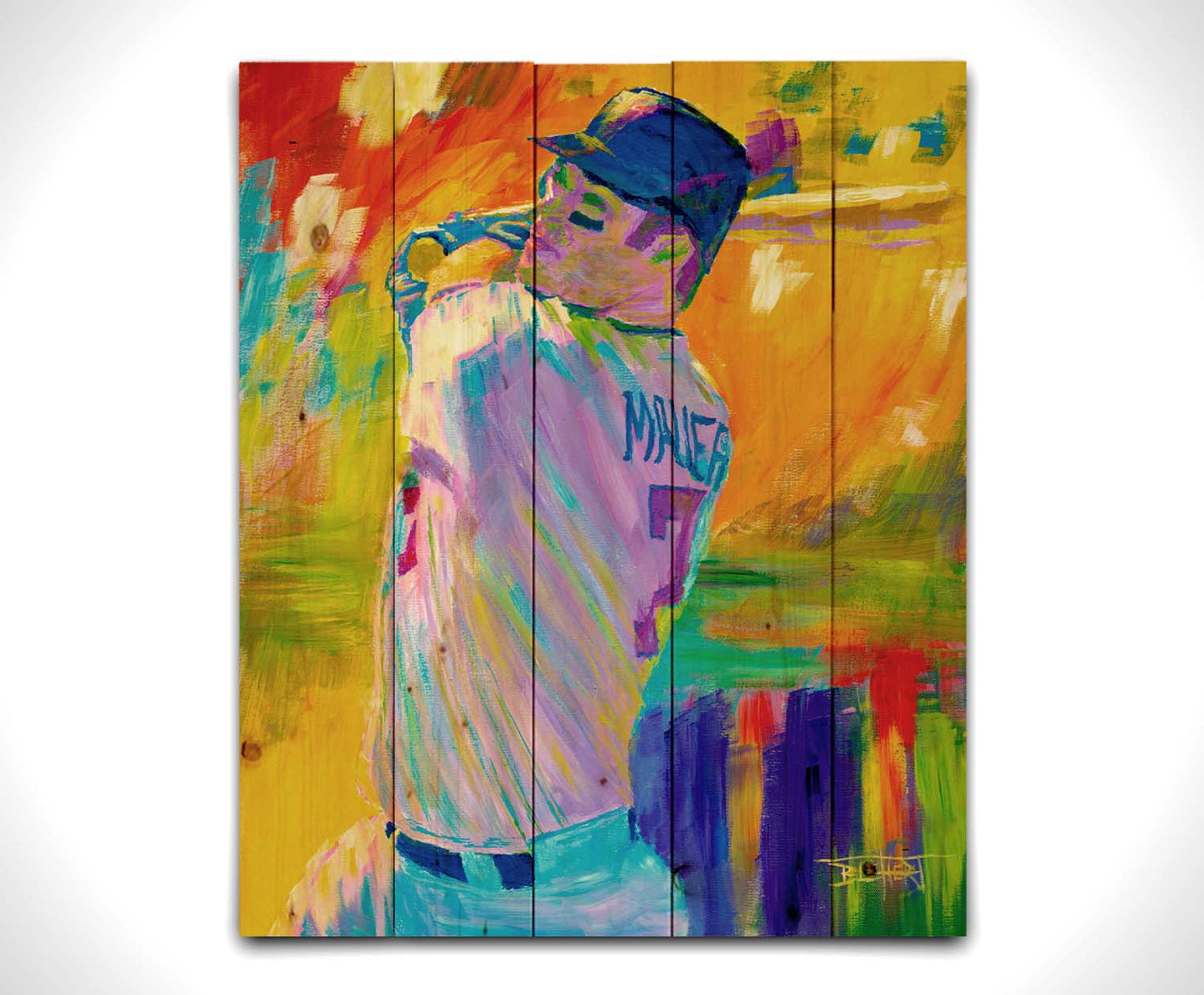 A painting of Minnesota Twins baseball player Joe Mauer up to bat, set against a colorful abstract background. Printed on a wood pallet.